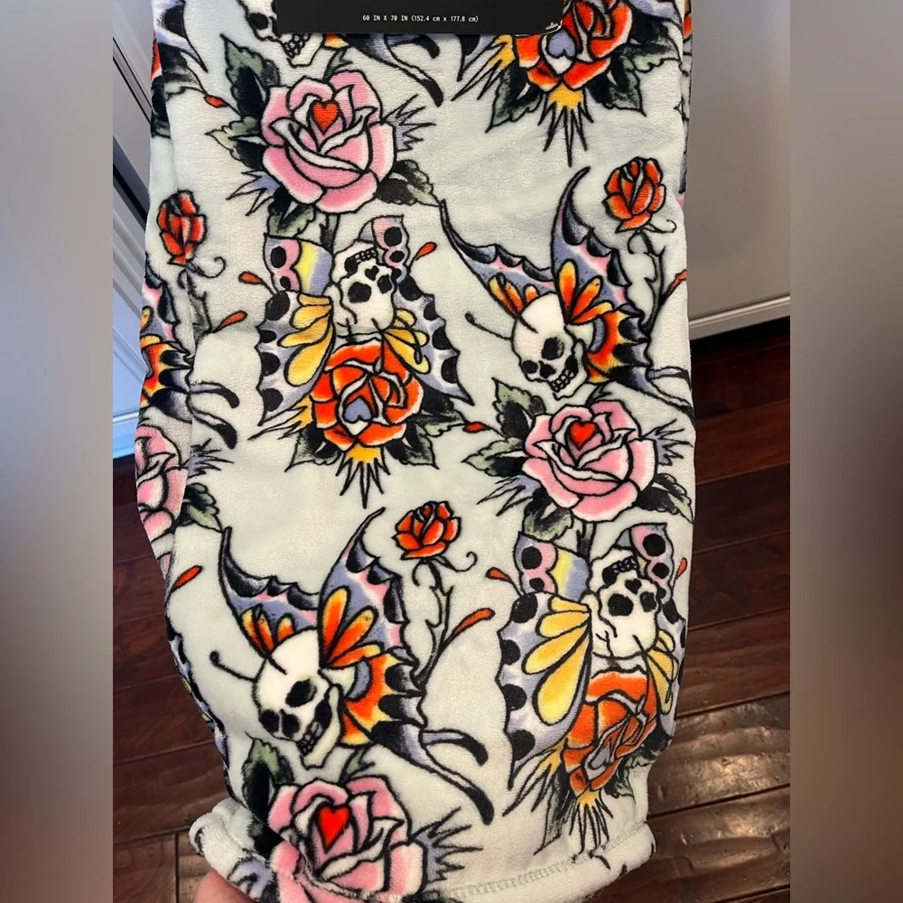 Ed Hardy Butterfly Roses Skull Floral Plush Throw Blanket- Pink, Orange, Blue